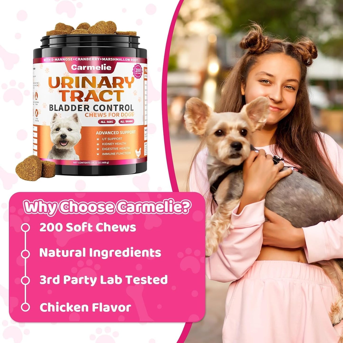 Cranberry for Dogs, Dog Urinary Tract & Bladder Support + D-Mannose, 200ct | Dogs Cranberry Chews with D-Mannose, Bladder & Kidney for Dogs, Urinary Tract Support, Immune & Gut Support, Chicken, 200ct