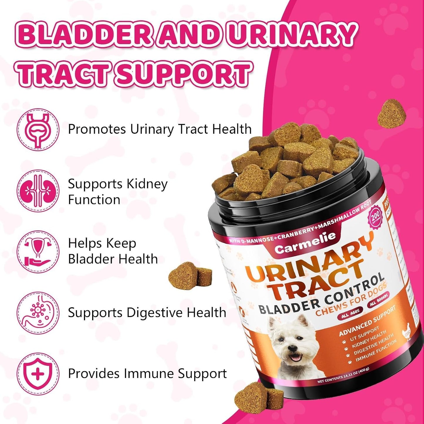 Cranberry for Dogs, Dog Urinary Tract & Bladder Support + D-Mannose, 200ct | Dogs Cranberry Chews with D-Mannose, Bladder & Kidney for Dogs, Urinary Tract Support, Immune & Gut Support, Chicken, 200ct