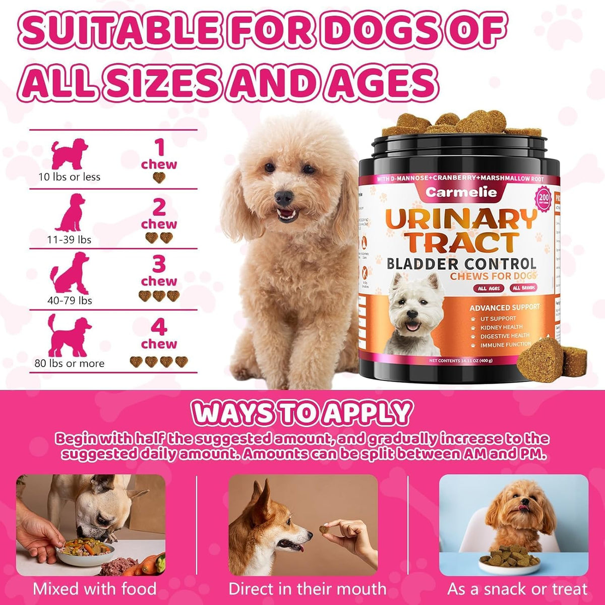 Cranberry for Dogs, Dog Urinary Tract & Bladder Support + D-Mannose, 200ct | Dogs Cranberry Chews with D-Mannose, Bladder & Kidney for Dogs, Urinary Tract Support, Immune & Gut Support, Chicken, 200ct