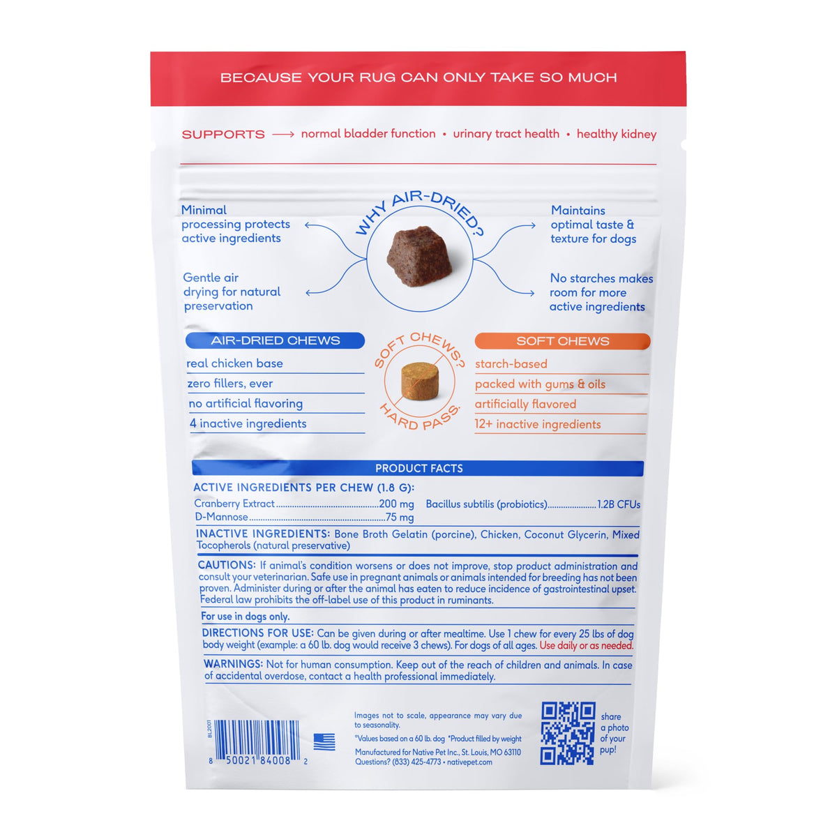 Native Pet Dog UTI Treatment - Cranberry Supplement for Dogs - Supports Normal Bladder Function, Urinary Tract & Kidney Health - Real Cranberry Extract, D-Mannose & Probiotics - Air-Dried - 60 Chews