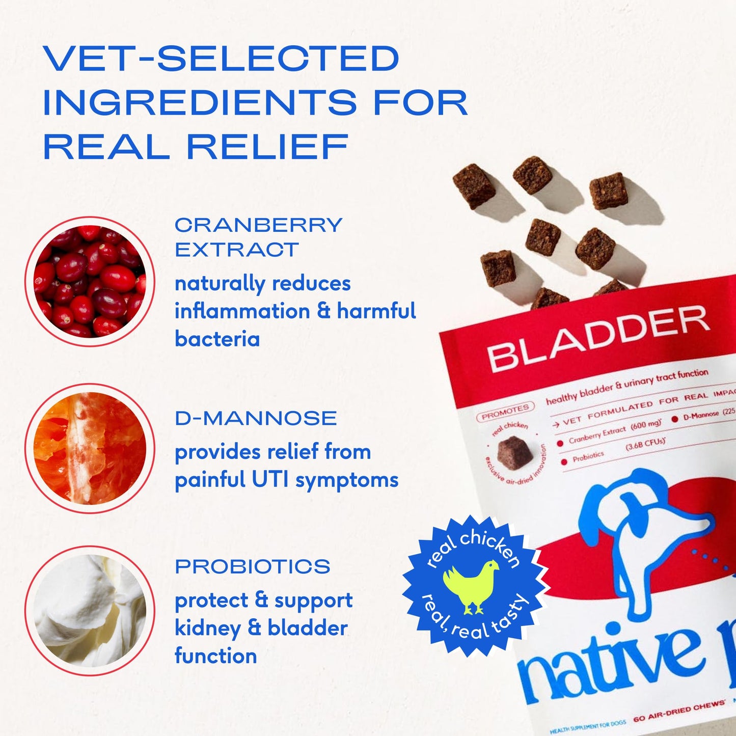 Native Pet Dog UTI Treatment - Cranberry Supplement for Dogs - Supports Normal Bladder Function, Urinary Tract & Kidney Health - Real Cranberry Extract, D-Mannose & Probiotics - Air-Dried - 60 Chews