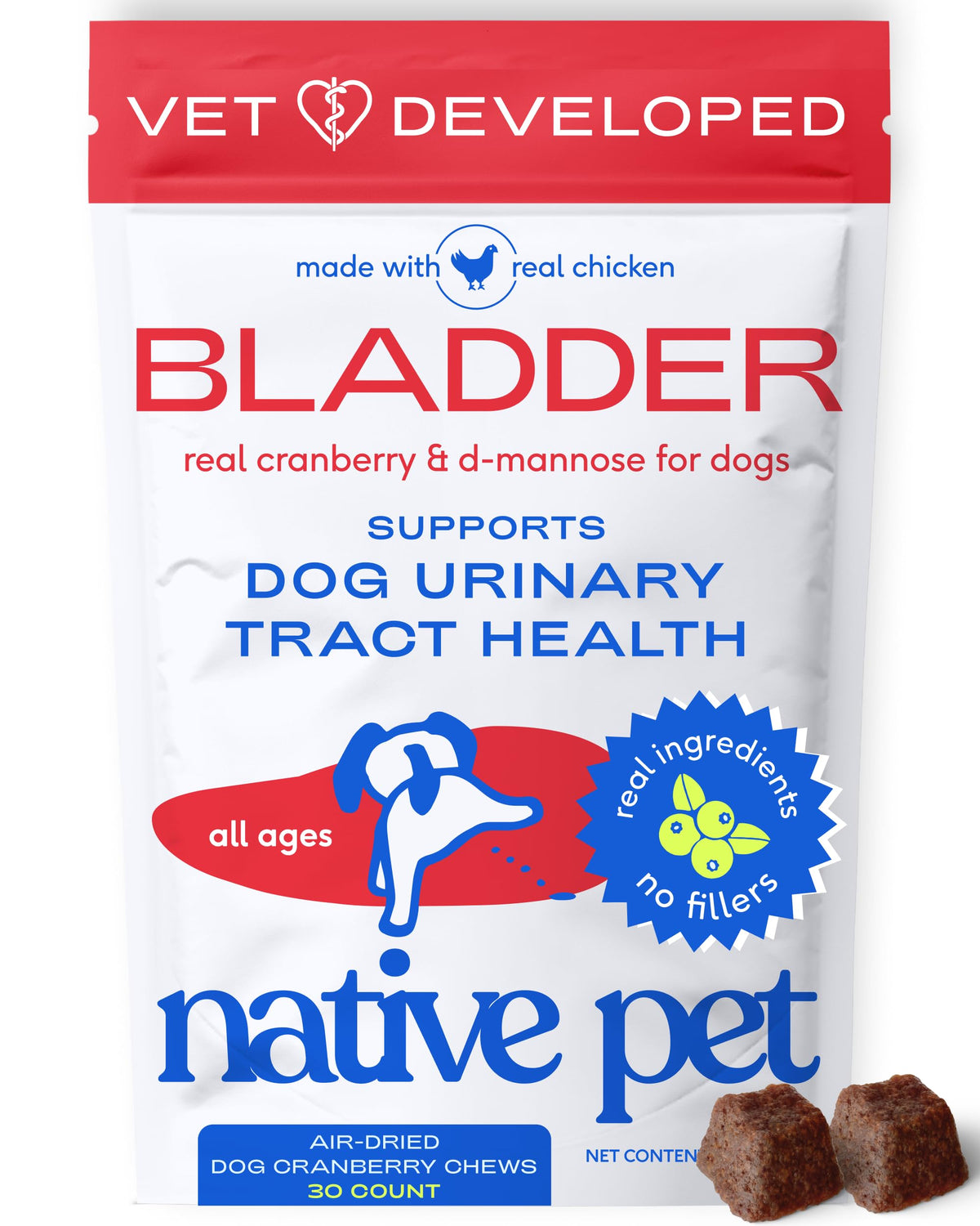 Native Pet Dog UTI Treatment - Cranberry Supplement for Dogs - Supports Normal Bladder Function, Urinary Tract & Kidney Health - Real Cranberry Extract, D-Mannose & Probiotics - Air-Dried - 60 Chews