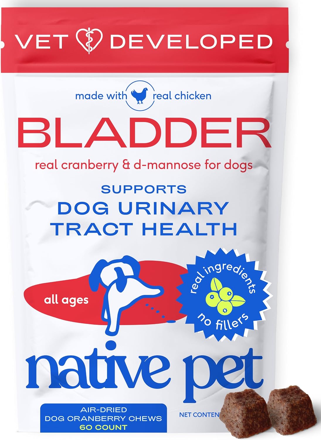 Native Pet Dog UTI Treatment - Cranberry Supplement for Dogs - Supports Normal Bladder Function, Urinary Tract & Kidney Health - Real Cranberry Extract, D-Mannose & Probiotics - Air-Dried - 60 Chews